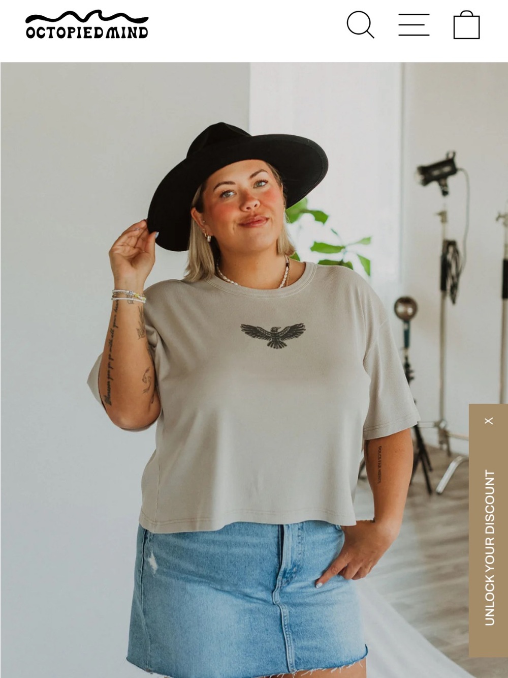 Women's Taupe Cropped Tee with Black Eagle Graphic - Picture 4 of 5